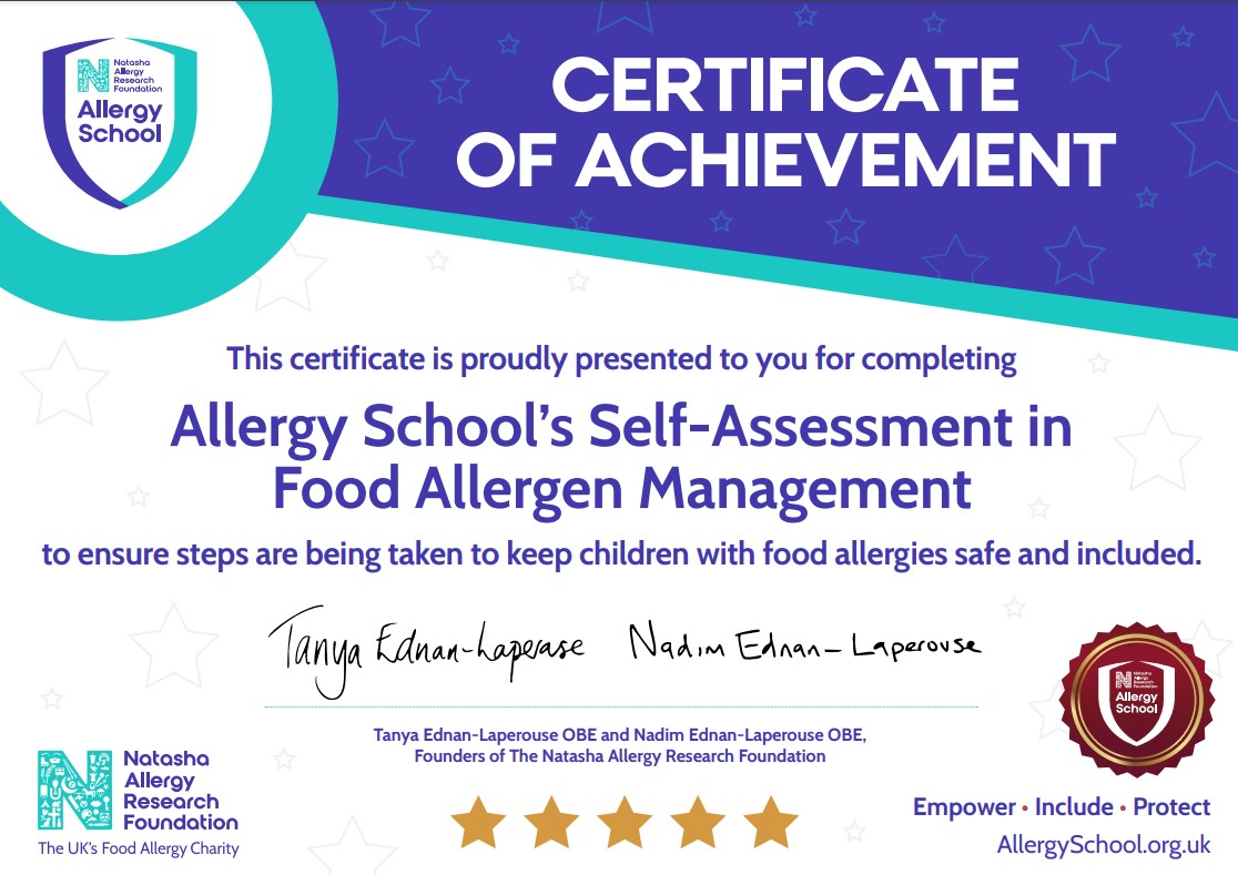 Certificate allergy aware school